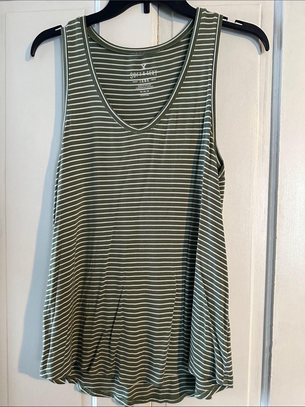 American Eagle Outfitters Olive and White Striped V-Neck Tank